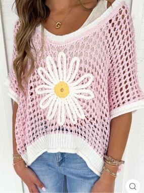 POL NWOT Pink Open-Knit Daisy Accent short sleeve oversized Sweater